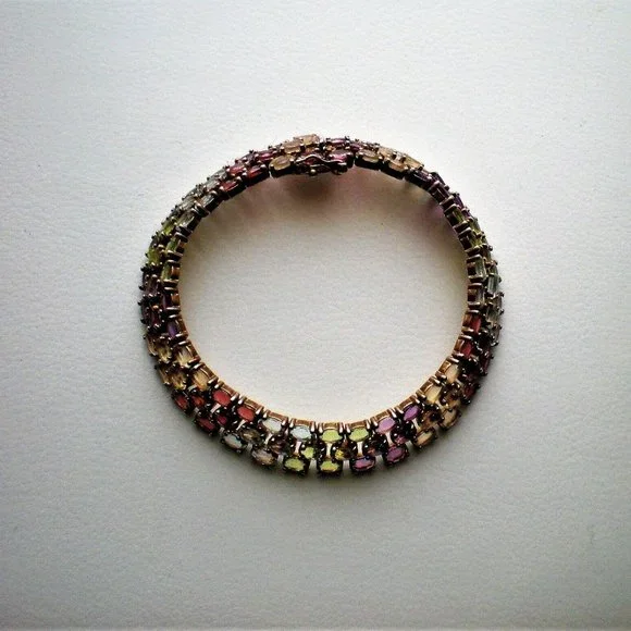 Vintage Sterling Silver Multi Gem Garnet Peridot Blue Topaz Tennis Bracelet